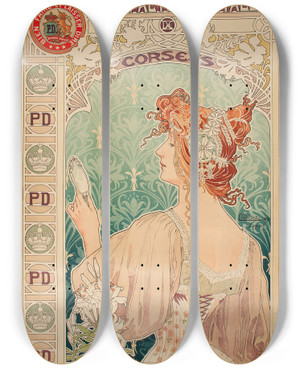 Triptych art skateboard deck of Alphonse Mucha Manufacture Royale De Corsets by Alphonse Mucha (1860-1939)