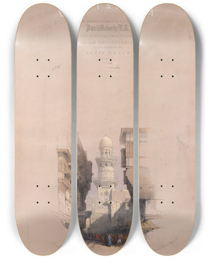 Triptych art skateboard deck of David Roberts Street Scene In Cairo Title Vignette Vol 3 by David Roberts (1796-1864)