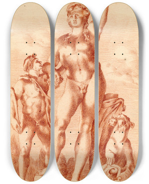 Triptych art skateboard deck of Cornelis Pronk Beeld Van Bacchus by Cornelis Pronk (1691-1759)