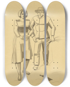 Triptych art skateboard deck of Karl Wiener Lndliches Idyll by Karl Wiener (1901-1949)