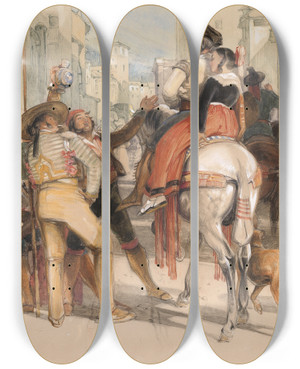 Triptych art skateboard deck of John Frederick Lewis A Street Scene In Granada On The Day Of The Bullfight by John Frederick Lewis (1805-1876)