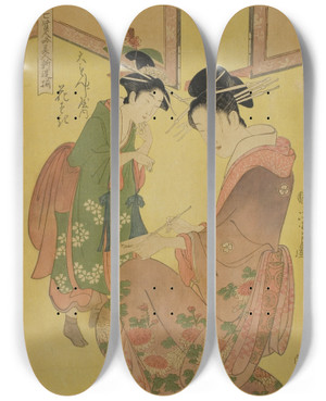 Triptych art skateboard deck of Chbunsai Eishi Beauties Parodying The Seven Sages A Selection Of Younger Courtesans Shichi Kenjin Yatsushi Bijin Shinzo Zoroe Hanasaki Of The Daimonjiya by Chobunsai Eishi (1756-1829)