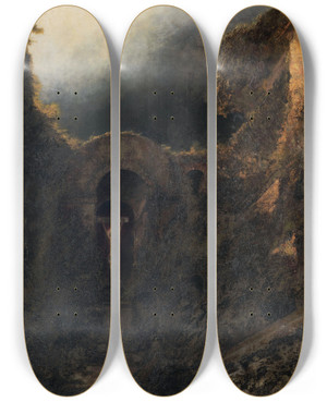 Triptych art skateboard deck of Karl Wilhelm Diefenbach The Priors Chapel Crucifix Among The Ruins by Karl Wilhelm Diefenbach (1851-1913)