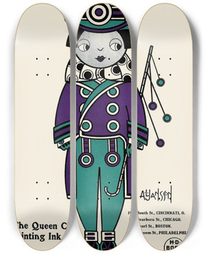 Triptych art skateboard deck of Augustus Jansson Queen City Ink Ad 01 by Augustus Jansson (1863-1931)