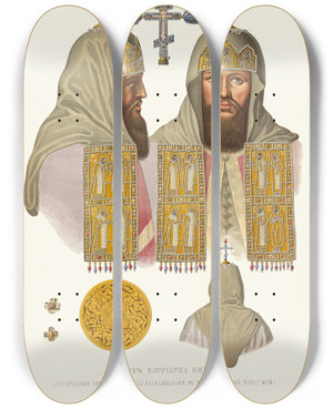 Triptych art skateboard deck of Fedor Grigoryevich Solntsev Klobuk Patriarkha Nikona Izobrazhenie Litsa S Portreta Nakhodiashchegosia V Voskresenskom Monastyre by Fedor Grigoryevich Solntsev (1801-1892)