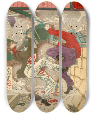 Triptych art skateboard deck of Tsukioka Yoshitoshi The Suicide Of Two Foreign Clerks by Tsukioka Yoshitoshi (1839-1892)