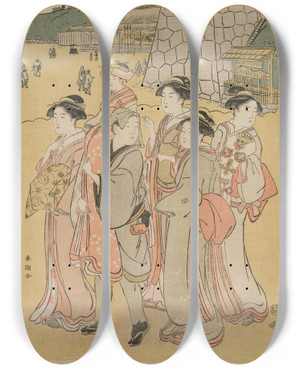 Triptych art skateboard deck of Katsukawa Shunch Women Accompanying A Girl To A Shrine by Katsukawa Shuncho (1783-1795)