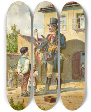 Triptych art skateboard deck of Franz Gerasch Der Bandelkrmer by Franz Gerasch (1826-1906)