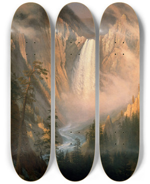 Triptych art skateboard deck of Albert Bierstadt Yellowstone Falls by Albert Bierstadt (1830-1902)