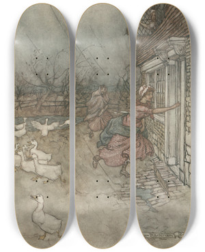 Triptych art skateboard deck of Arthur Rackham The Rain Always Made A Point Of Setting In Just As He Had Some Outdoor Work To Do by Arthur Rackham (1867-1939)