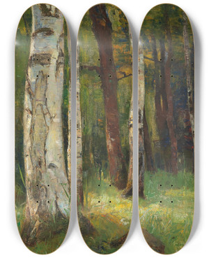 Triptych art skateboard deck of Gertrud Staats A Birch Forest by Gertrud Staats (1859-1938)