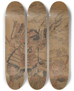 Triptych art skateboard deck of Torii Kiyomitsu Hero Tametomo Attacked On The Isle Of The Devil by Torii Kiyomitsu (1735-1785)
