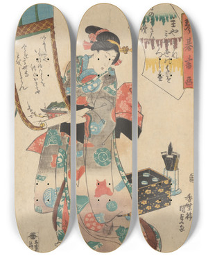 Triptych art skateboard deck of Utagawa Kunisada Toyokuni Iii The Artist by Utagawa Kunisada (Toyokuni III) (1786-1865)