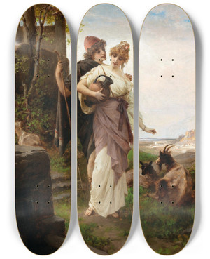 Triptych art skateboard deck of Luigi Crosio A Bucolic Scene By The Fountain by Luigi Crosio (1835-1915)