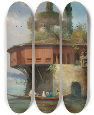 Triptych art skateboard deck of Sevket Dag A Yaliby The Anadolu Hisari by Sevket Dag (1876-1944)