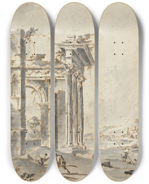 Triptych art skateboard deck of Giacomo Guardi Capriccio Of Classical Ruins On A Shore by Giacomo Guardi (1764-1835)