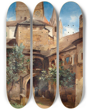 Triptych art skateboard deck of Leopold Munsch Deisener Hof In Weissenkirchen by Leopold Munsch (1826-1888)