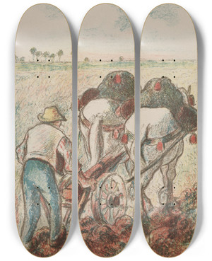 Triptych art skateboard deck of Camille Pissarro La Charrue by Camille Pissarro (1830-1903)
