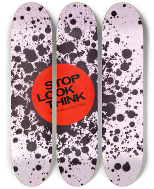 Triptych art skateboard deck of National Institutes Of Health Stop Look Think Dont Be A Polluter by National Institutes Of Health (1887)