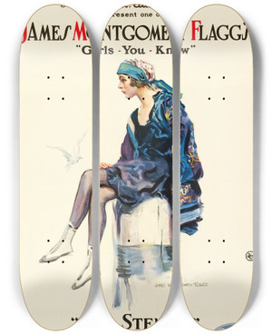 Triptych art skateboard deck of James Montgomery Flagg The Stenog by James Montgomery Flagg (1877-1960)
