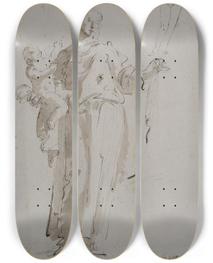 Triptych art skateboard deck of Giovanni Battista Tiepolo Madonna Mit Dem Rosenkranz Und Weiblicher Akt by Giovanni Battista Tiepolo (1696-1770)