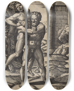 Triptych art skateboard deck of Marcantonio Raimondi Hercules And Antaeus by Marcantonio Raimondi (1470-1527)