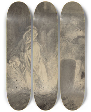 Triptych art skateboard deck of Joseph Fay A Man Fleeing From A Nun Praying In A Cemetery by Joseph Fay (1813-1875)