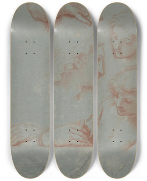 Triptych art skateboard deck of Luigi Garzi Sheet Of Studies Heads Hands And Doves by Luigi Garzi (1638-1721)