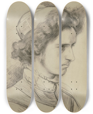 Triptych art skateboard deck of Jakob Becker Junger Mann Mit Federhut Im Dreiviertelprofil_2 by Jakob Becker (1810-1872)