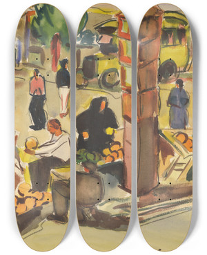 Triptych art skateboard deck of Zolo Palugyay In A Market by Zolo Palugyay (1898-1935)