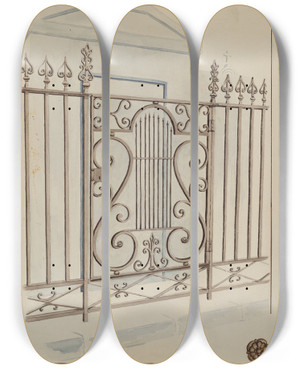 Triptych art skateboard deck of Lucien Verbeke Wrought Iron Gate And Fence by Lucien Verbeke