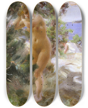 Triptych art skateboard deck of Anders Zorn After The Bath by Anders Zorn (1860-1920)