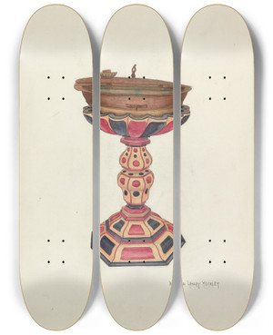 Triptych art skateboard deck of Nh Yeckley Baptismal Font And Stand by N.H. Yeckley