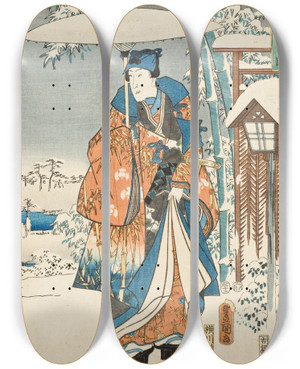 Triptych art skateboard deck of Utagawa Kunisada Toyokuni Iii Murasaki And Genji Viewing The Snow by Utagawa Kunisada (Toyokuni III) (1786-1865)