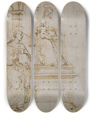 Triptych art skateboard deck of Raphael Sketch For An Enthroned Virgin And Child With Saint Nicholas Of Tolentino by Raphael (1483-1520)