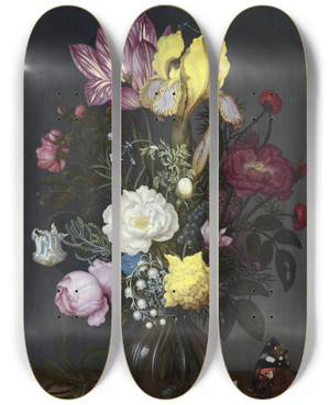 Triptych art skateboard deck of Ambrosius Bosschaert The Elder Bouquet Of Flowers In A Glass Vase by Ambrosius Bosschaert The Elder (1573-1621)