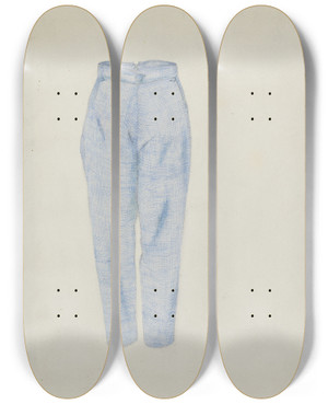 Triptych art skateboard deck of Alice Stearns Shaker Mans Trousers by Alice Stearns