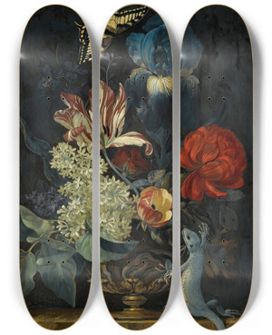 Triptych art skateboard deck of Willem Van Aelst A Still Life With Tulips And Other Flowers In A Vase On A Marble Ledge With A Lizard And A Butterfly by Willem van Aelst (1627-1683)