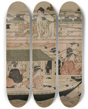 Triptych art skateboard deck of Chbunsai Eishi Boating Party On The Sumida River_2 by Chobunsai Eishi (1756-1829)