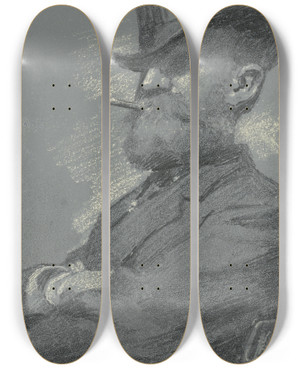 Triptych art skateboard deck of Robert William Vonnoh Man In Top Hat Smoking A Cigar by Robert William Vonnoh (1858-1933)