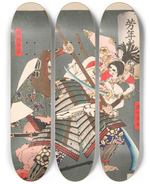 Triptych art skateboard deck of Tsukioka Yoshitoshi Minamoto No Ushiwakamaru Battling With The Brigand Kumasaka Chhan by Tsukioka Yoshitoshi (1839-1892)