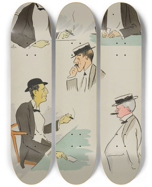 Triptych art skateboard deck of Georges Goursat Sem Michel Marghilomann Japonais Me Poulet Baron James De Rothschild William K Vanderbilt by Georges Goursat (Sem) (1863-1934)