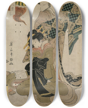 Triptych art skateboard deck of Kikukawa Eizan Haze On A Clear Day At Stone Bridge From The Series Eight Elegant Views Of Chanted Accompanimnets For Kabuki Plays by Kikukawa Eizan (1787-1867)