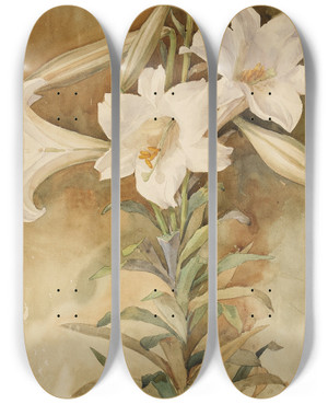 Triptych art skateboard deck of John La Farge Still Life Of Easter Lilies by John La Farge (1835-1910)