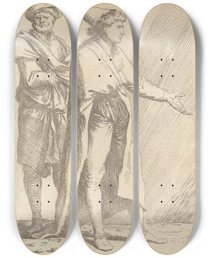 Triptych art skateboard deck of Salvator Rosa Man Striding Followed By A Retainer by Salvator Rosa (1615-1673)