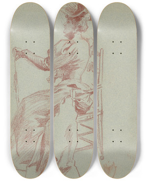 Triptych art skateboard deck of Jules Chret Elegant Lady Seated In A Chair by Jules Cheret (1836-1932)