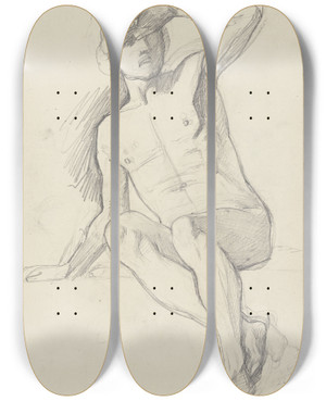 Triptych art skateboard deck of Jakob Becker Sitzender Mnnlicher Akt Die Augen Mit Der Linken Verschattend_2 by Jakob Becker (1810-1872)