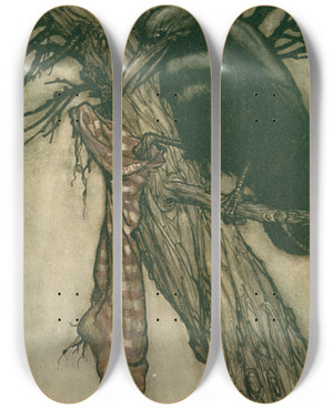 Triptych art skateboard deck of Arthur Rackham For Years He Had Been Quietly Filling His Stocking by Arthur Rackham (1867-1939)