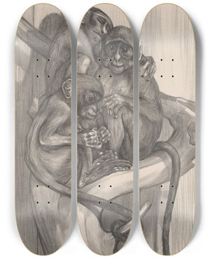 Triptych art skateboard deck of Theo Van Hoytema Drie Apen Op Een Boomstronk by Theo Van Hoytema (1863-1917)