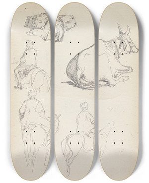 Triptych art skateboard deck of William Simpson Studies Of Oxen And Equestrians by William Simpson (1823-1899)